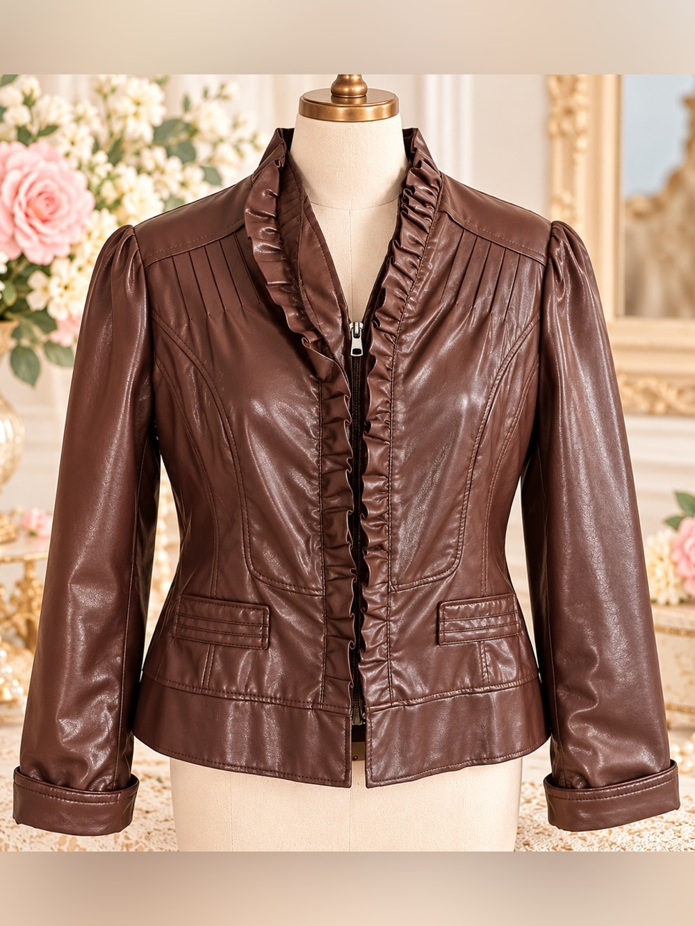 Dressbarn XL Chocolate Brown Faux Leather Ruffle Zip Jacket